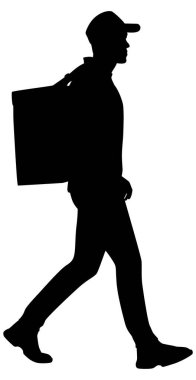 Silhouette of delivery guy with a backpack. Delivery man with a package. Vector flat style illustration isolated on white. Full-length view