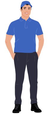 Hand-drawn delivery guy with a backpack. Delivery man with a package. Vector flat style illustration isolated on white. Full-length view