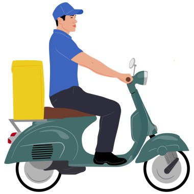 Hand-drawn delivery guy riding a scooter. Delivery man with a package. Vector flat style illustration isolated on white. Full-length view