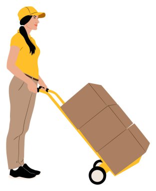 Hand drawn delivery female worker. Delivery woman with a cart for cargo. Female warehouse worker. Vector flat style illustration isolated on white. Full length view