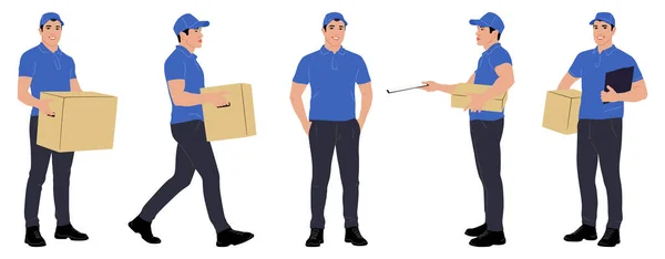 Set of hand-drawn delivery guy riding a bicycle and scooter. Delivery man with a package. Vector flat style illustration isolated on white. Full-length view