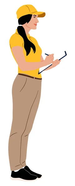 Hand drawn delivery female worker. Delivery woman. Female warehouse worker holding worker. Vector flat style illustration isolated on white. Full length view