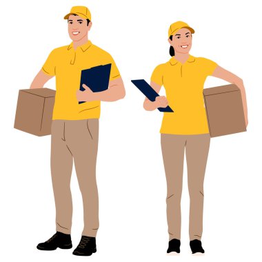 Silhouettes set warehouse workers holding box with a clipboard. Delivery man and woman. Vector flat style illustration isolated on white. Full-length view