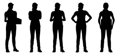 Silhouettes set of delivery female worker holding carbord box and folder in different poses. Delivery woman standing with box. Vector flat style illustration isolated on white. Full length view