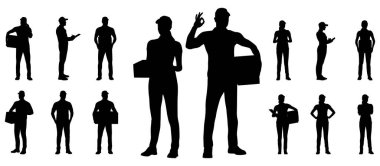 Silhouettes set of warehouse workers holding boxes with a clipboard. Delivery man and woman with cargo carts. Vector flat style illustration isolated on white. Full-length view