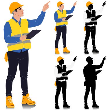 Miğfer ve yelek giyen inşaat işçisi klasör tutuyor. Farklı renk seçenekleri. İşçi silueti. Elle çizilmiş vektör çizimi beyaza izole edildi. Tam uzunluk görünümü