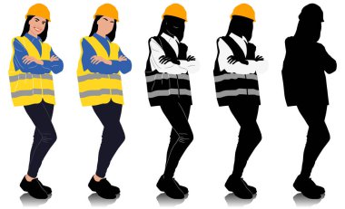 Çapraz elli, kask ve yelek giyen kadın inşaat işçisi. Farklı renk seçenekleri. Elle çizilmiş vektör çizimi beyaza izole edildi. Tam uzunluk görünümü