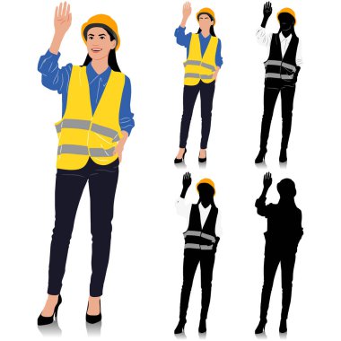 Kadın inşaat işçisi kask ve yelek giyerek elini sallıyor. Farklı renk seçenekleri. Elle çizilmiş vektör çizimi beyaza izole edildi. Tam uzunluk görünümü