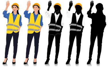 Kadın inşaat işçisi kask ve yelek giyerek elini sallıyor. Farklı renk seçenekleri. Elle çizilmiş vektör çizimi beyaza izole edildi. Tam uzunluk görünümü