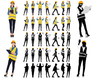 Female construction worker poses wearing helmet and vest. Different color options. Hand-drawn vector illustration isolated on white. Full length view