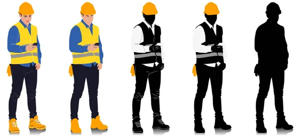Bouwvakker Met Smartphone Met Helm Vest Verschillende Kleuren Opties Het — Stockvector