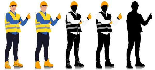 建筑工人戴着头盔和背心 露出大拇指 不同的颜色选择 在白色上孤立的手工绘制的矢量图形 全长视图 — 图库矢量图片