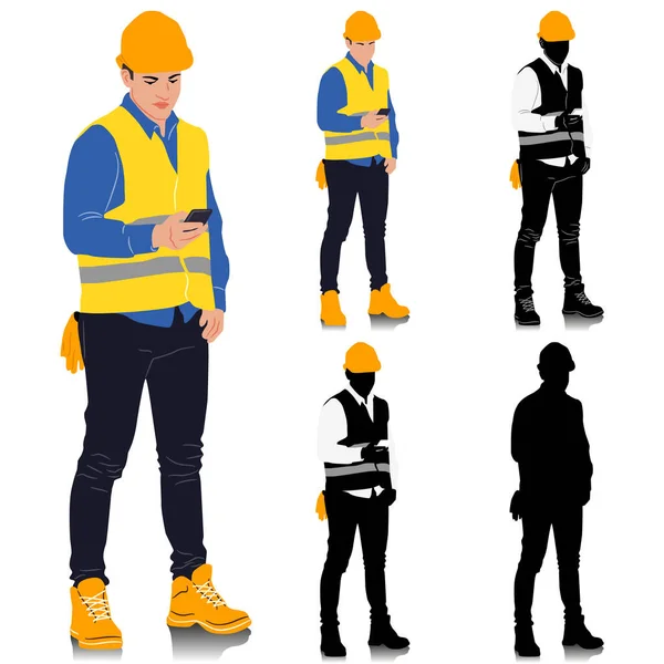 Construction Worker Holding Smartphone Wearing Helmet Vest Different Color Options — Stock Vector