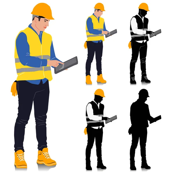 Construction Worker Holding Tablet Wearing Helmet Vest Different Color Options — Stock Vector
