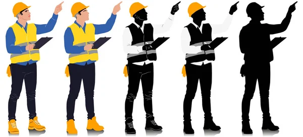 建筑工人戴着安全帽和背心 拿着文件夹 不同的颜色选择 工人的轮廓 在白色上孤立的手工绘制的矢量图形 全长视图 — 图库矢量图片