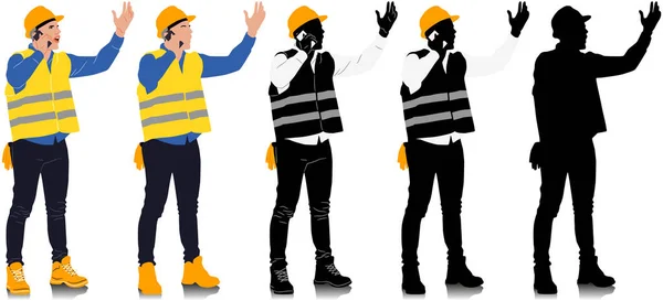 Bauarbeiter Mit Smartphone Helm Und Weste Verschiedene Farboptionen Arbeiter Silhouette — Stockvektor