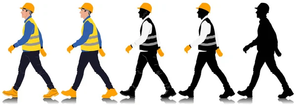 建筑工人戴着头盔和背心走路 不同的颜色选择 在白色上孤立的手工绘制的矢量图形 全长视图 — 图库矢量图片