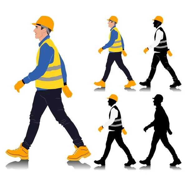 Εργάτης Οικοδομών Που Περπατάει Φορώντας Κράνος Και Γιλέκο Διαφορετικές Επιλογές — Διανυσματικό Αρχείο