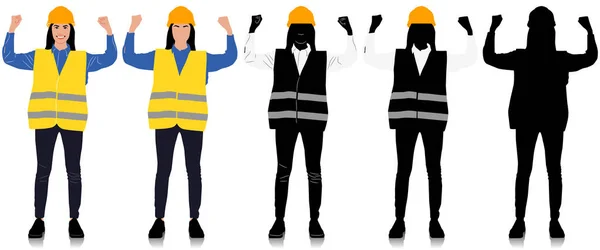 Vrouwelijke Bouwvakker Met Twee Handen Toont Spierdragende Helm Vest Verschillende — Stockvector