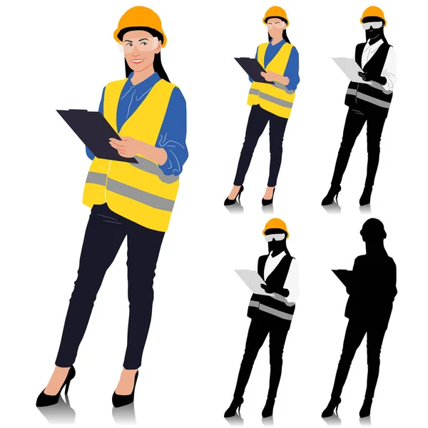 stock vector Female construction worker holding a clipboard wearing helmet and vest. Different color options. Hand-drawn vector illustration isolated on white. Full length view