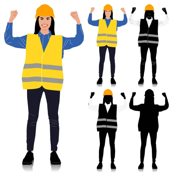 Eine Bauarbeiterin Die Zwei Hände Hebt Zeigt Muskeln Die Helm — Stockvektor