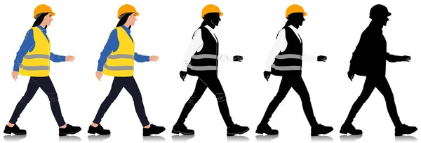 女建筑工人戴着头盔和背心走路 不同的颜色选择 在白色上孤立的手工绘制的矢量图形 全长视图 — 图库矢量图片