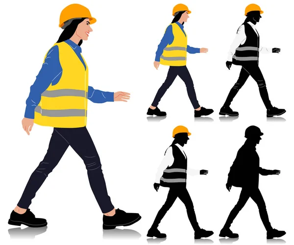 stock vector Female construction worker walking wearing helmet and vest. Different color options. Hand-drawn vector illustration isolated on white. Full length view