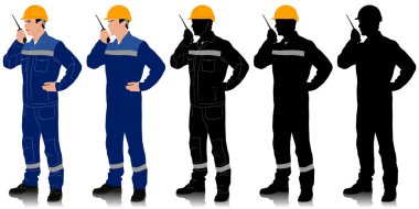 Kasklı bir işçi silueti. Telsizi olan bir işçi. Farklı renk seçenekleri. El çizimi vektör çizimi beyaza izole edildi. Tam uzunluk görünümü