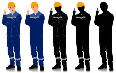 Kasklı bir işçi silueti. Şaşkın işçi işaret ediyor. Farklı renk seçenekleri. El çizimi vektör çizimi beyaza izole edildi. Tam uzunluk görünümü