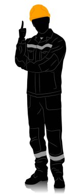 Kasklı bir işçi silueti. Şaşkın işçi işaret ediyor. Beyaz üzerine izole edilmiş vektör düz stil çizimi. Tam uzunluk görünümü