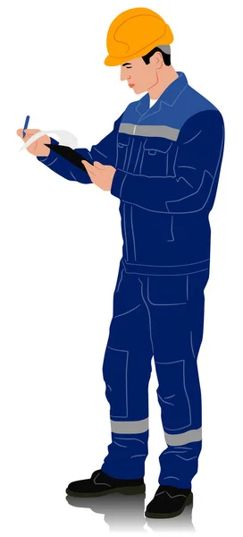 Travailleur Dessiné Main Avec Casque Ouvrier Tenant Presse Papiers Illustration — Image vectorielle