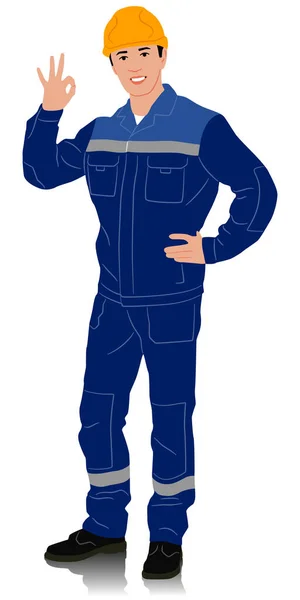 Travailleur Dessiné Main Avec Casque Ouvrier Montre Signe Main Illustration — Image vectorielle