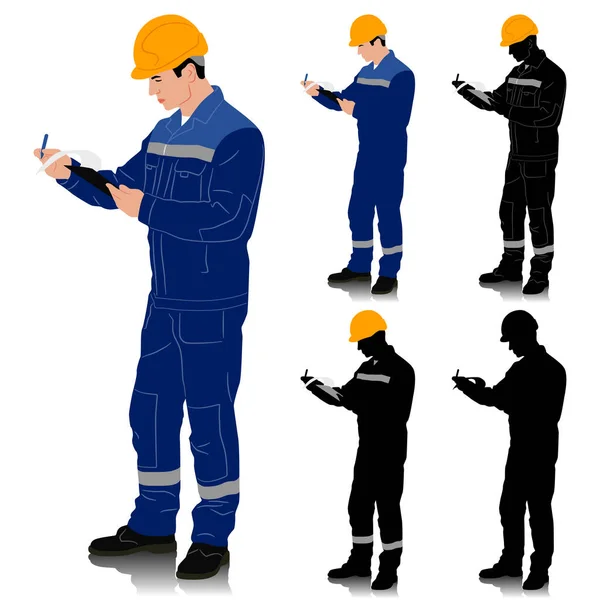 Silhouette Worker Helmet Worker Holding Clipboard Different Color Options Hand — Stock Vector