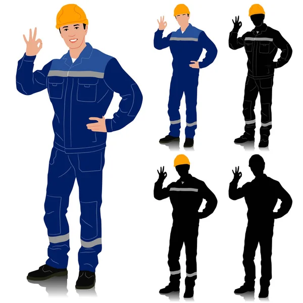 Silhouette Travailleur Avec Casque Ouvrier Montre Signe Main Différentes Options — Image vectorielle