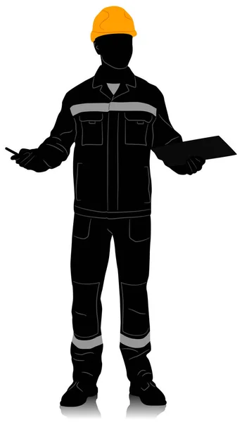 Силуэт Рабочего Шлеме Рабочий Держащий Планшет Векторный Плоский Стиль Иллюстрации — стоковый вектор