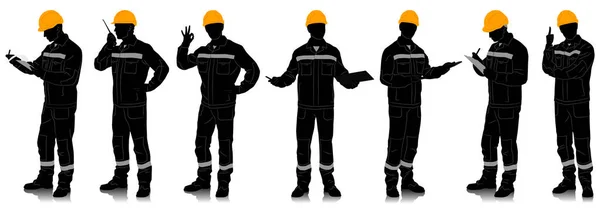 带着头盔的工人的轮廓 工人们穿着带有安全带的工作服 不同的姿势在白色上孤立的向量图集 全长视图 — 图库矢量图片