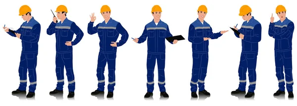 Trabalhador Desenhado Mão Com Capacete Trabalhador Vestindo Macacão Trabalho Azul — Vetor de Stock