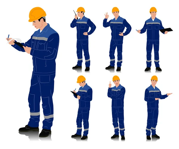 Handgezeichneter Arbeiter Mit Helm Arbeiter Tragen Blaue Arbeitsanzüge Mit Sicherheitsband — Stockvektor