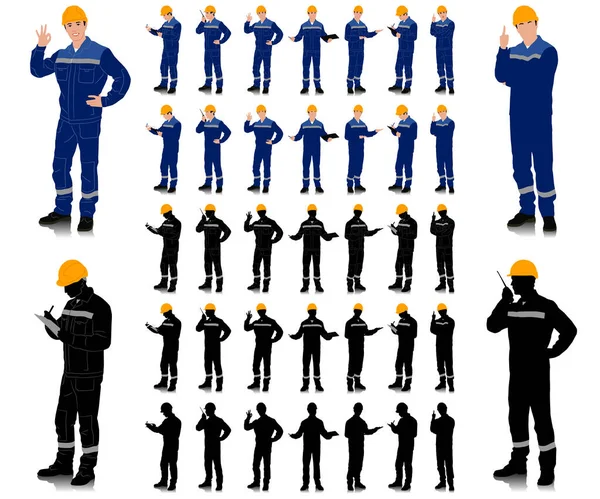 手拉着头盔的工人 穿着带有安全带的蓝色工作服的工人 不同的姿势和颜色选择 在白色上孤立的向量图集 全长视图 — 图库矢量图片