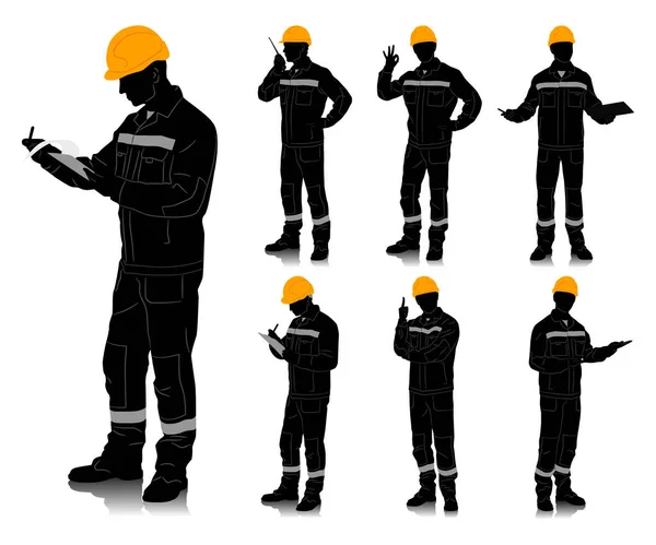 Silhouette Eines Arbeiters Mit Helm Arbeiter Overalls Mit Sicherheitsband Unterschiedliche — Stockvektor