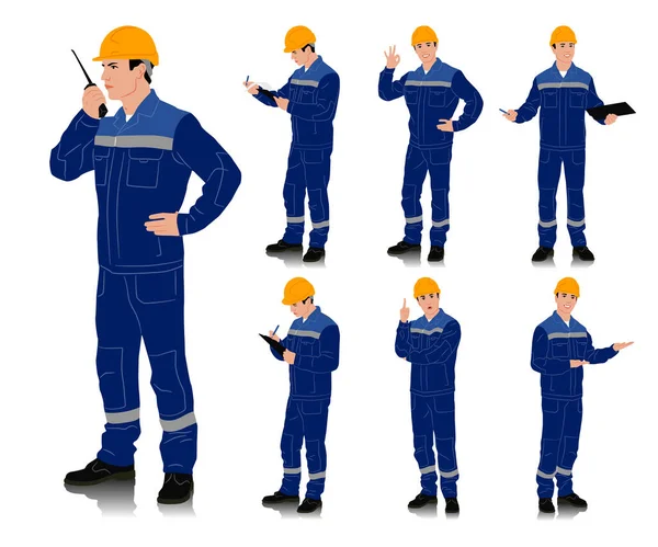 Χειροποίητος Εργάτης Κράνος Εργαζόμενος Μπλε Φόρμα Εργασίας Ζώνη Ασφαλείας Διαφορετικές — Διανυσματικό Αρχείο