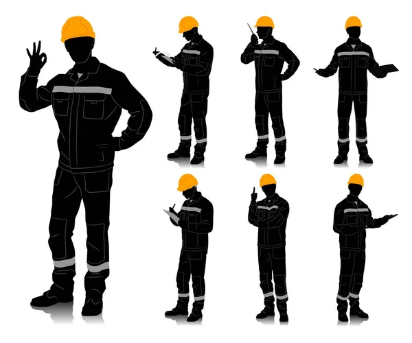 Silhouette Eines Arbeiters Mit Helm Arbeiter Overalls Mit Sicherheitsband Unterschiedliche — Stockvektor