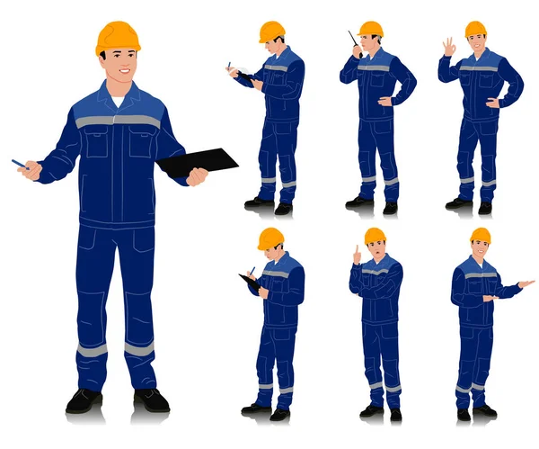 Handritad Arbetare Med Hjälm Arbetare Blå Arbetskläder Med Säkerhetsband Olika — Stock vektor