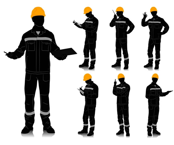 Σιλουέτα Ενός Εργάτη Κράνος Εργάτης Που Φοράει Φόρμα Ζώνη Ασφαλείας — Διανυσματικό Αρχείο