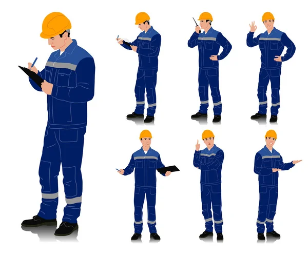 Tangan Ditarik Pekerja Dengan Helm Pekerja Mengenakan Baju Kerja Biru - Stok Vektor