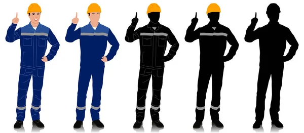 手绘工人 头戴安全帽 身穿带有安全带的工作服 工人们伸出一只手指头 在白色上孤立的向量平面图形集 全长视图 — 图库矢量图片