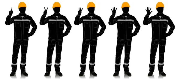 带安全带的戴头盔和工作服的工人的轮廓 工人们表现出一到五个手指 在白色上孤立的向量平面图形集 全长视图 — 图库矢量图片