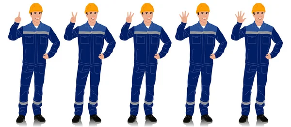 ヘルメットと安全帯で全体を身に着けている手描きの労働者 労働者は１ ５本の指を示す 白を基調としたベクトルフラットスタイルのイラスト 全長表示 — ストックベクタ
