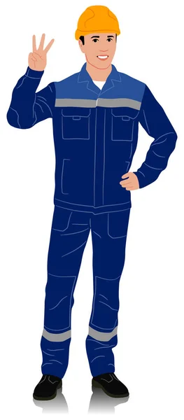 Lavoratore Disegnato Mano Che Indossa Casco Tuta Con Fascia Sicurezza — Vettoriale Stock