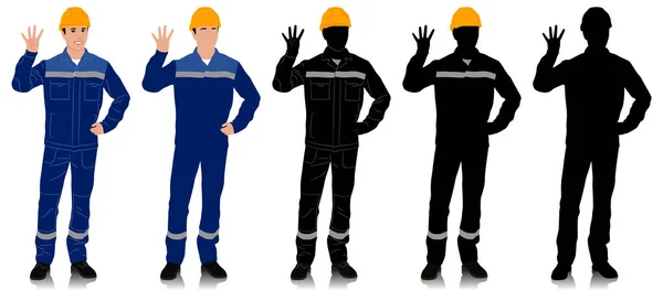 手绘工人 头戴安全帽 身穿带有安全带的工作服 工人们表现出四个手指 在白色上孤立的向量平面图形集 全长视图 — 图库矢量图片